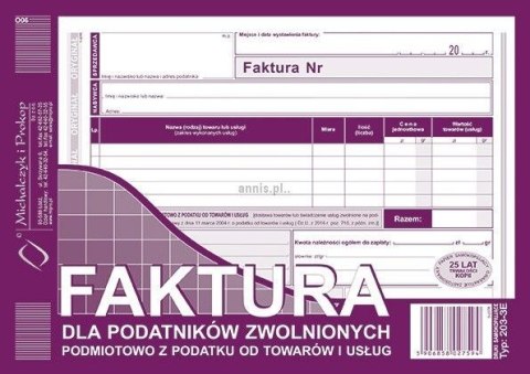 Druk offsetowy Faktura dla podatników zwolnionych z podatku VAT A5 80k. Michalczyk i Prokop (203-3E)